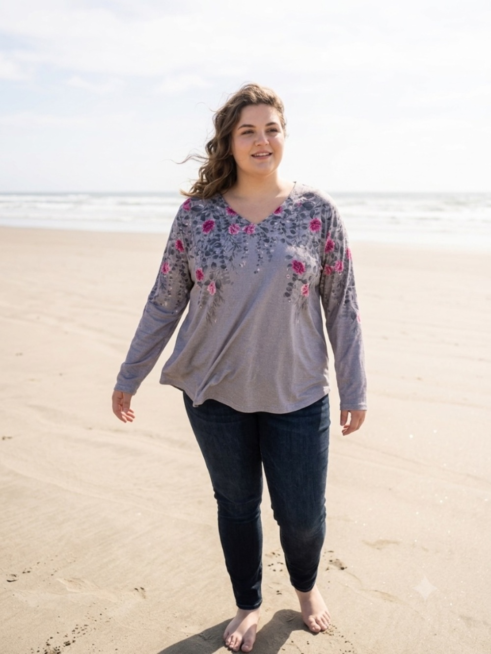 Grey Floral Rose V-Neck Long Sleeve Top 🌹 Plus Size 2XL Boho